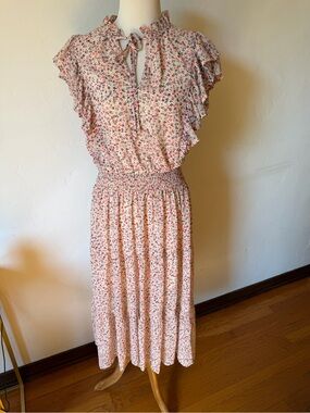 entro Cream Midi Dress with Red and Green Floral Print